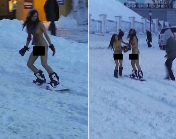 Mulheres encaram frio e andam nuas de snowboarding na Ucrânia
