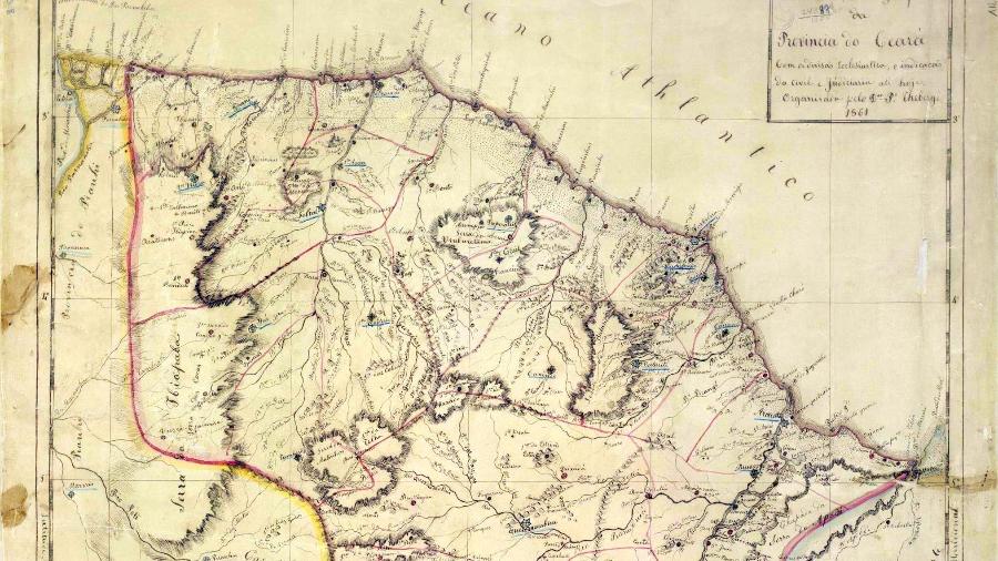 Mapa da Província do Ceará com a divisão eclesiástica e indicação da civil e jurídica até hoje, organizado pelo Dr. Pedro Théberge em 1861 Imagem: Pedro Théberge/Biblioteca Nacional