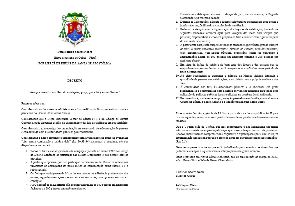 Diocese de Oeiras divulga nota oficial sobre recomendações em prevenção ao COVID-19 - Imagem 3
