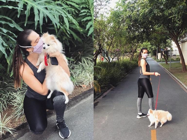 Tomando medidas de precaução contra o coronavírus, Juliana Paiva leva seu cachorrinho para passear