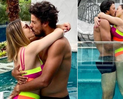 Sheila Mello dá beijão no namorado João Souza em piscina