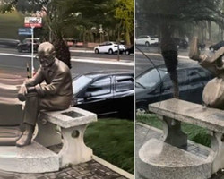Foto de estátua de Carlos Drummond caída durante chuva em Teresina viraliza