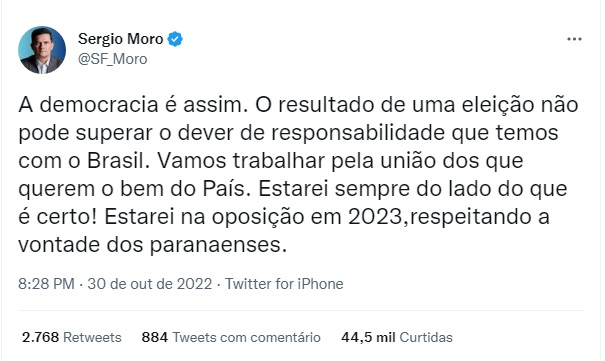 Moro declara oposição em 2023 | FOTO: Reprodução/Twitter