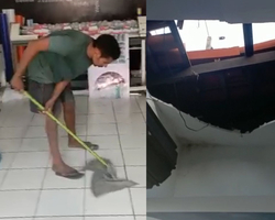 Vídeo: Suspeito é obrigado a limpar chão após arrombar gráfica em Teresina