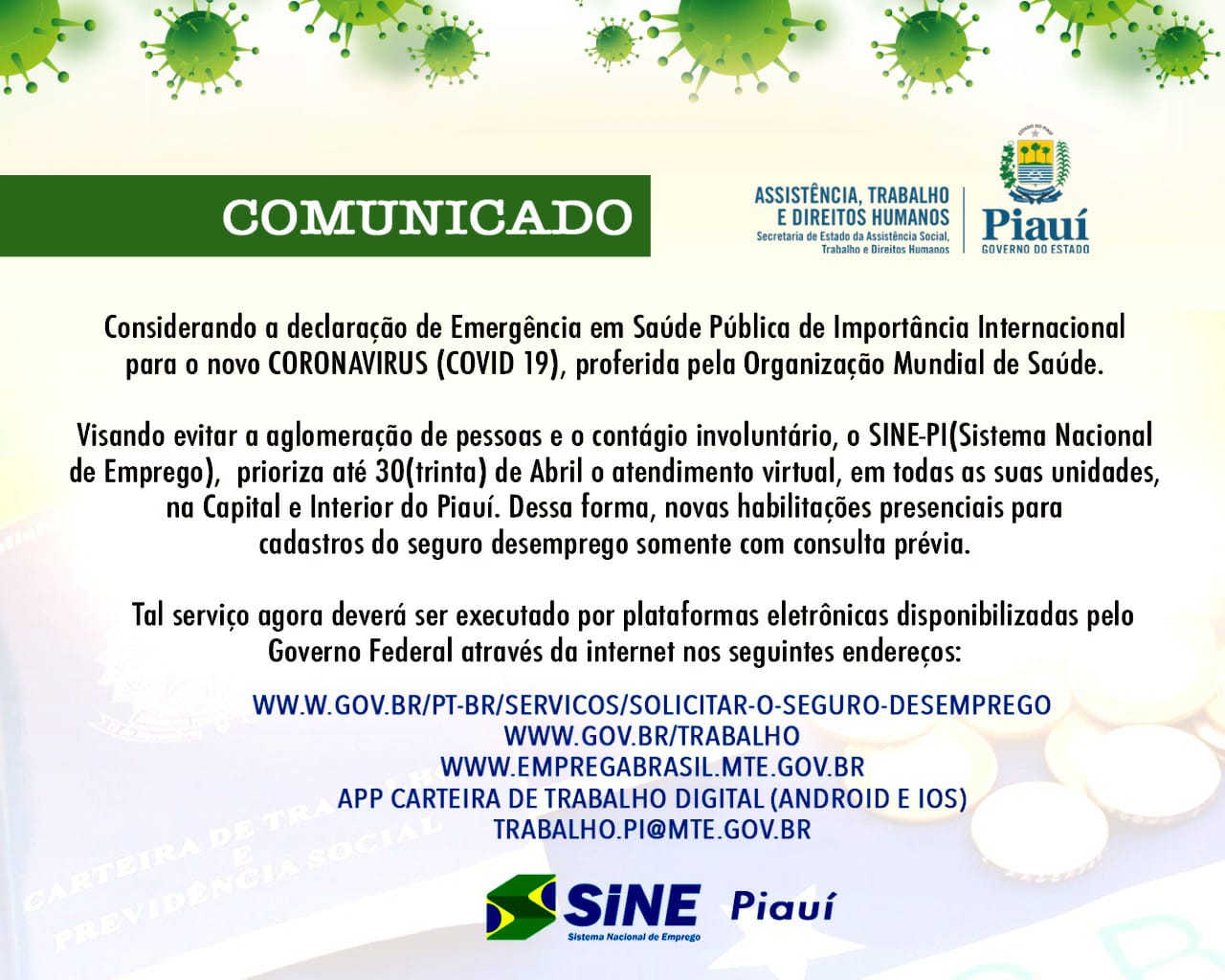Sine Piauí suspende atendimento presencial até dia 30 de abril (Foto: Reprodução)