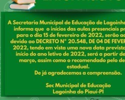 Inicio das aulas em Lagoinha adiado para Mês de Março de 2022