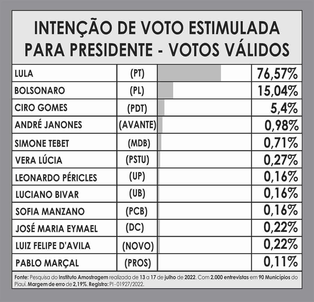 Lula lidera com 76,57% dos votos válidos no Piauí; Bolsonaro tem 15,04% - Imagem 1