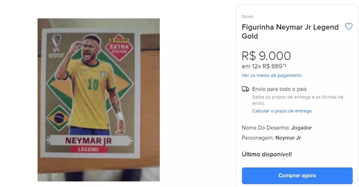 Figurinha dourada do Neymar Jr Legend é vendida por R$ 9 mil em site de compra e vendas — Foto: Reprodução 