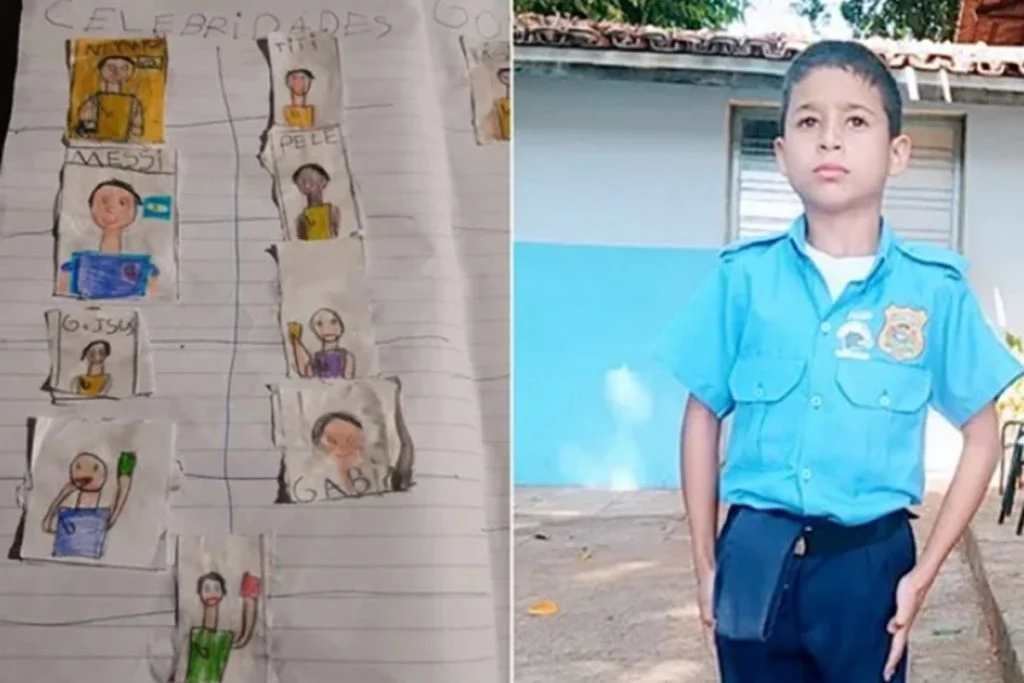 João Gabriel, de 8 anos, desenhou um álbum de figurinhas da Copa do Mundo de 2022  (Foto: G1)