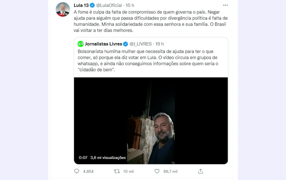 Lula (PT) falou sobre vídeo de Itapeva no Twitter  (Foto: Twitter/Reprodução)