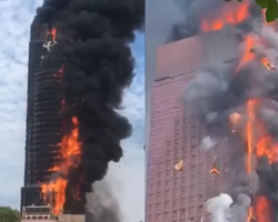 Incêndio destroi arranha-céu de 218 metros de altura na China; vídeo! 