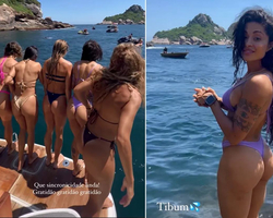 Solteira, atriz Aline Campos passeia de barco com grupo de amigas