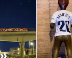 Boneco com camisa de Vinícius Jr aparece enforcado em ponte de Madri