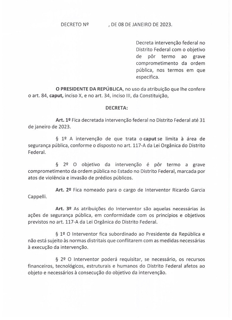 Decreto de intervenção federal assinado por Lula - Foto: Reprodução