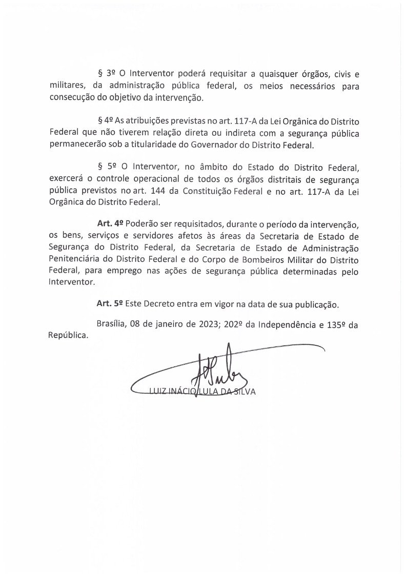 Decreto de intervenção federal assinado por Lula - Foto: Reprodução