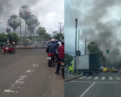 Motoristas e cobradores de ônibus queimam pneus em frente ao Setut