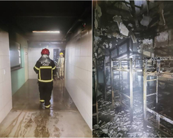 Beliches e armários foram destruídos em incêndio no Hospital do Dirceu II