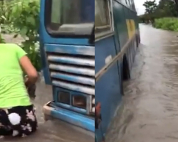 Ônibus escolar quase é arrastado pelas águas após chuva em Barras; vídeo!